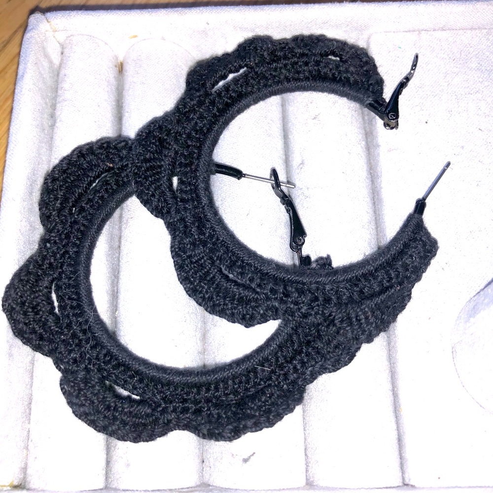 Earrings black boho crochet large hoop pierced